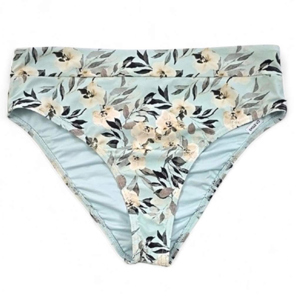 NWT CIKADA Australia Women's High Waist Bikini Bottom Light Blue Cream Floral 8